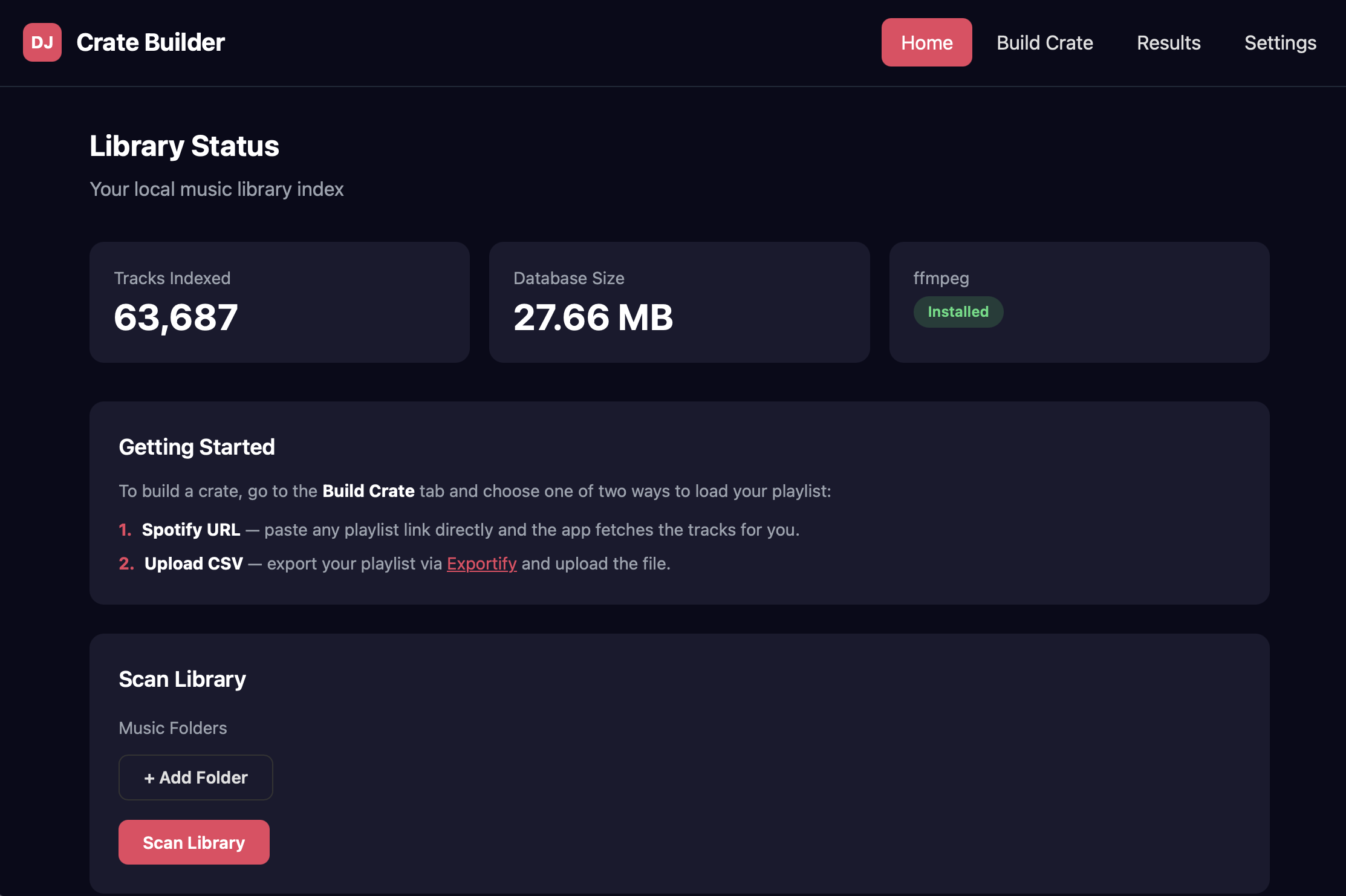 DJ Crate Builder — Library dashboard