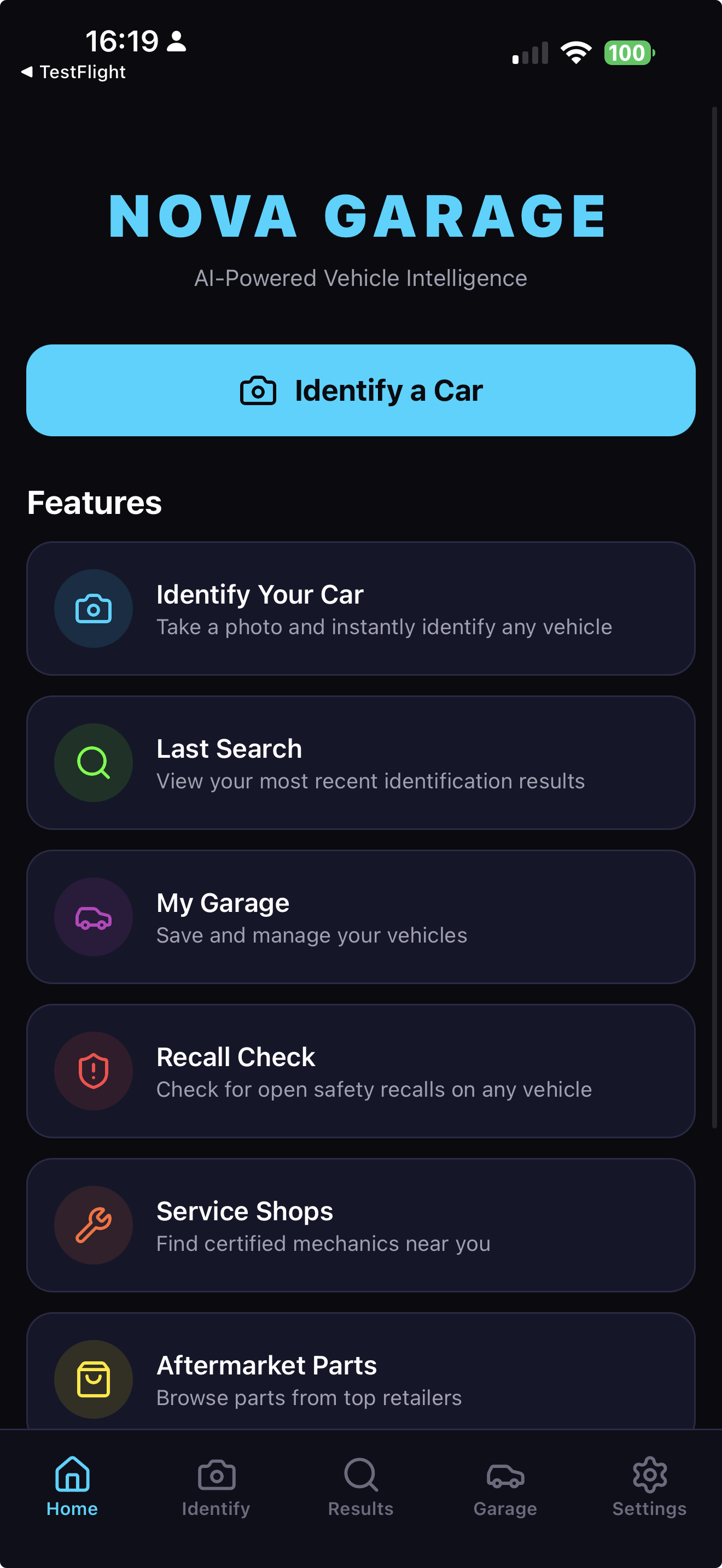 Nova Garage home screen